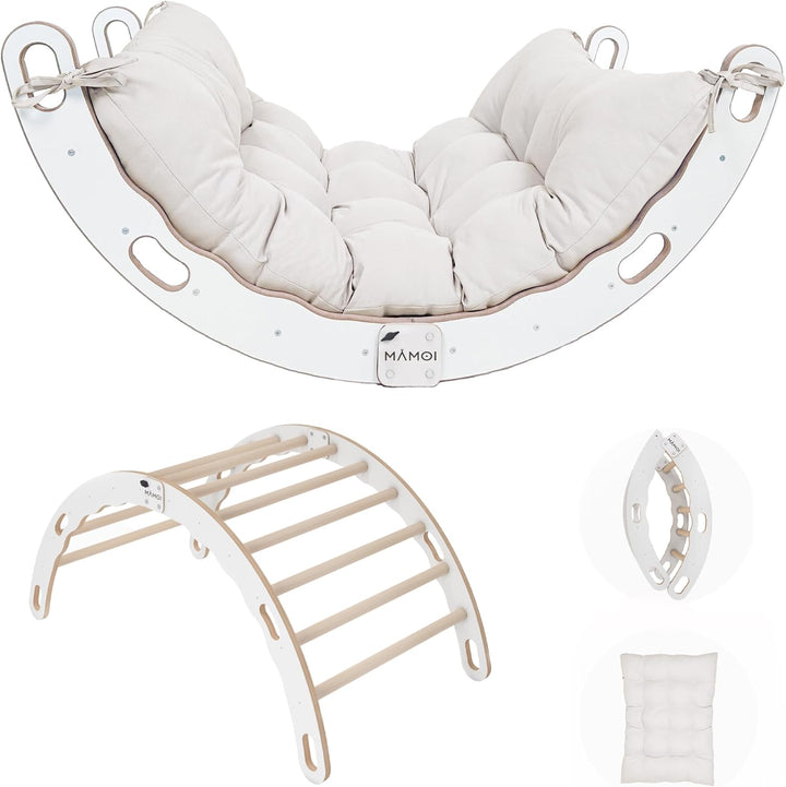 MAMOI® Kletter-Dreieck | Holz Klettergerüst Indoor | Kletterbogen mit Matte | Regenbogenwippe Holz |