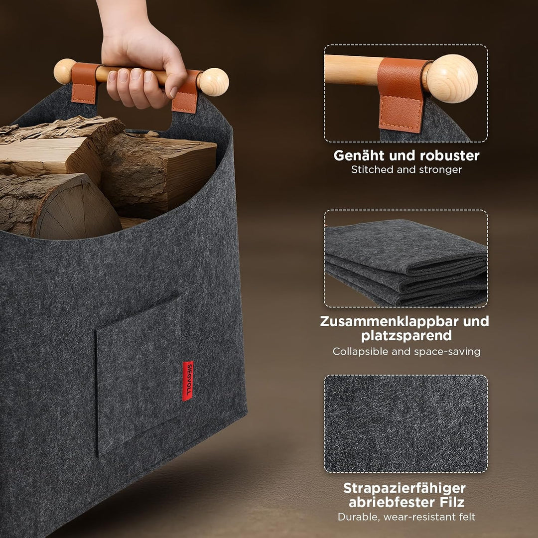 Holzkorb für Kaminholz aus Filz, grosser Kaminholzkorb 45x32x40cm, faltbare Filztasche mit rutschfes