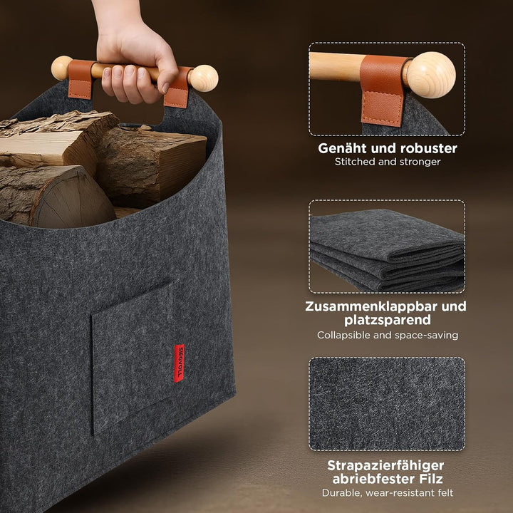 Holzkorb für Kaminholz aus Filz, grosser Kaminholzkorb 45x32x40cm, faltbare Filztasche mit rutschfes