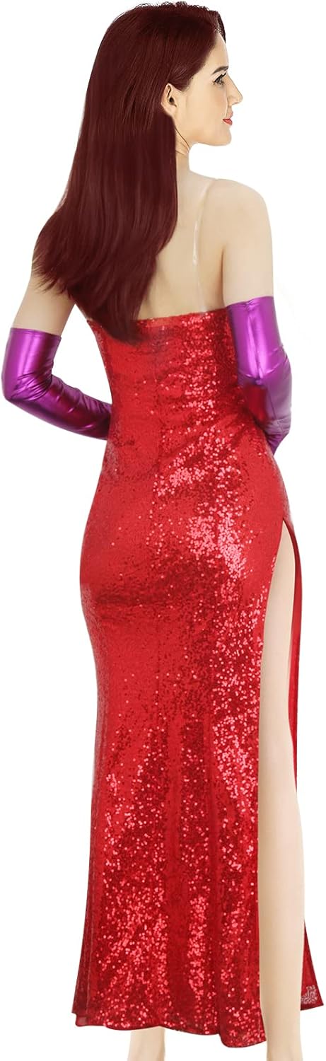 NUWIND Jessica Rabbit Damen Kleid Rot Sexy Pailletten Kostüm Tube Top Kleid Set Erwachsene Halloween