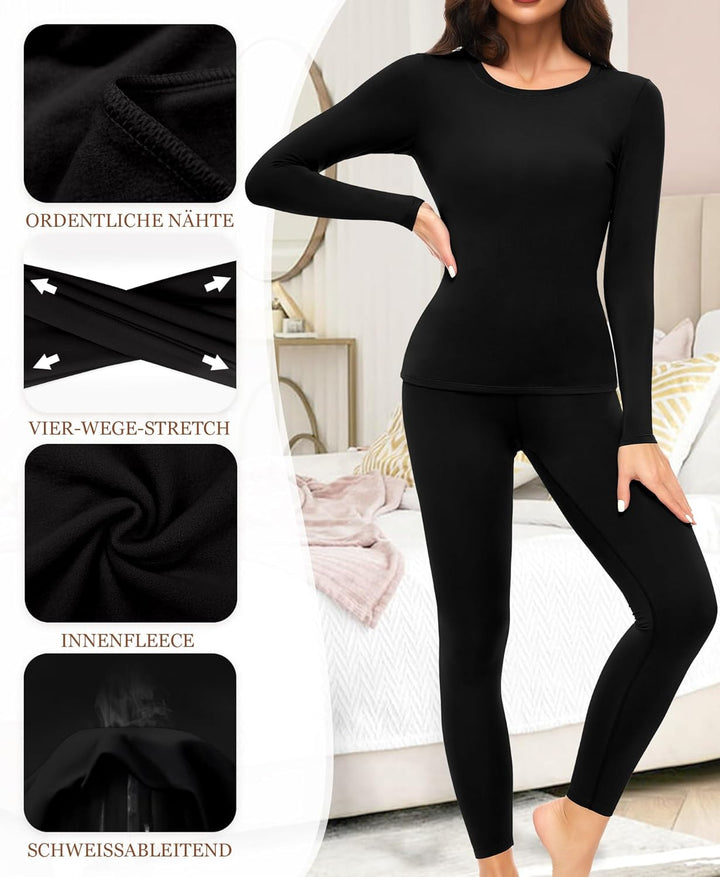 Ganado Thermounterwäsche Set Damen Innenfleece Thermowäsche Thermo Oberteil und Thermohose Leggings