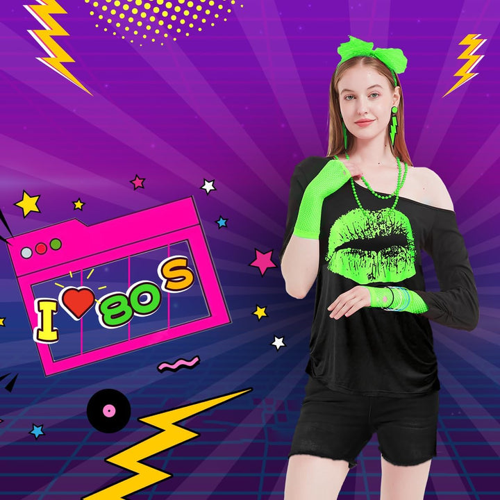 80er 90er Jahre Outfit Damen, T-Shirt, Beinwärmer, Stirnband, Ohrring, Halskette, Netzhandschuhe, 80