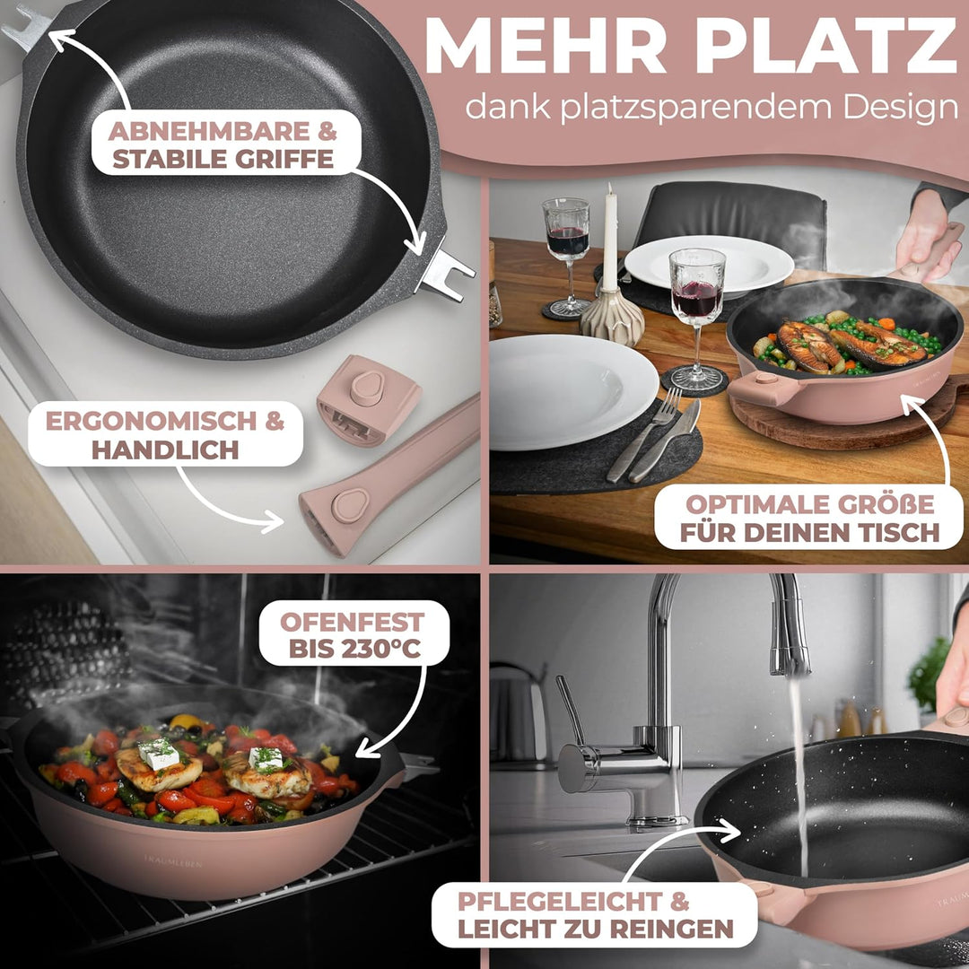 TRAUMLEBEN® Bratpfanne 28 cm mit Deckel, abnehmbaren Griffen &amp; Hitzeindikatoren | PFOA-frei &amp; für In