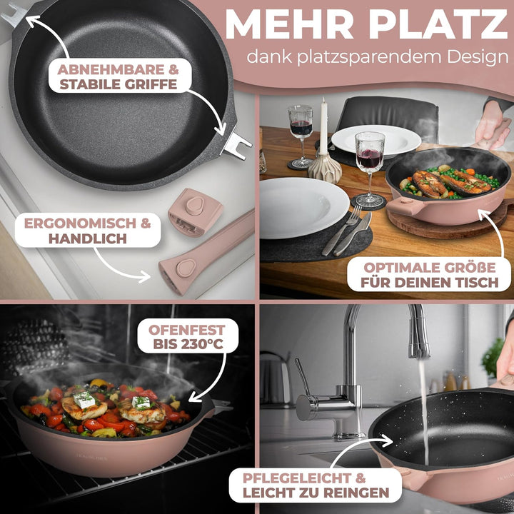 TRAUMLEBEN® Bratpfanne 28 cm mit Deckel, abnehmbaren Griffen &amp; Hitzeindikatoren | PFOA-frei &amp; für In