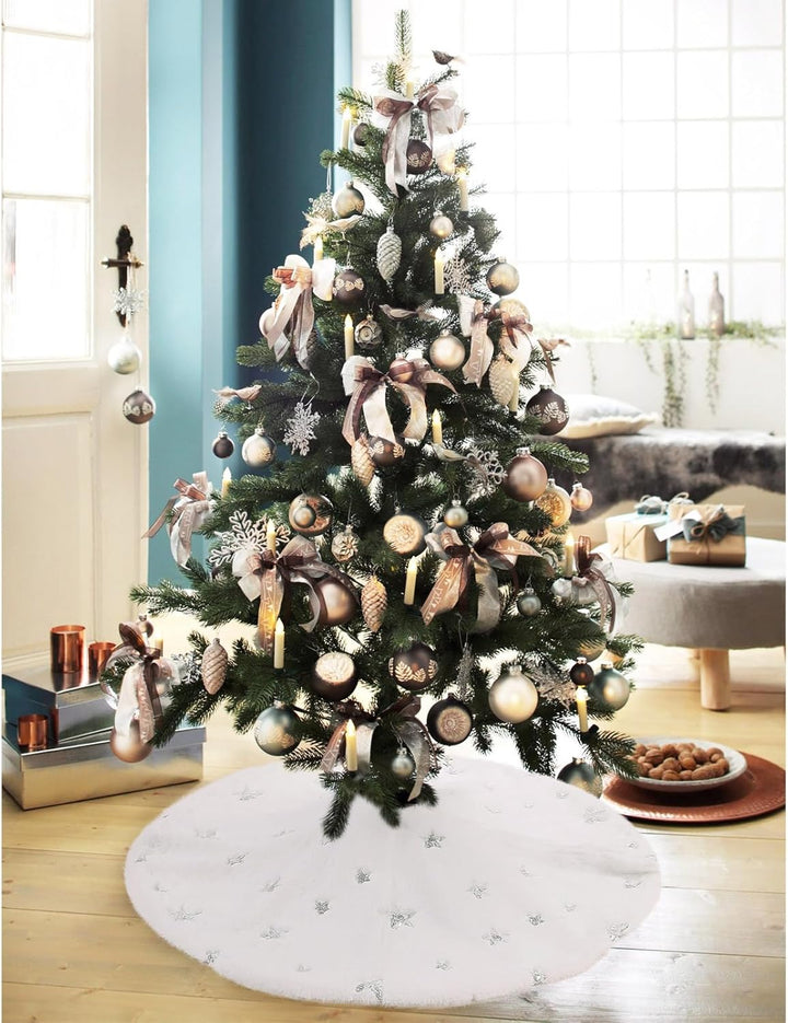 KONVINIT Weihnachtsbaumdecke Round Christbaumdecke Weiss Luxus Kunstfell Weihnachtsbaumrock mit Pail