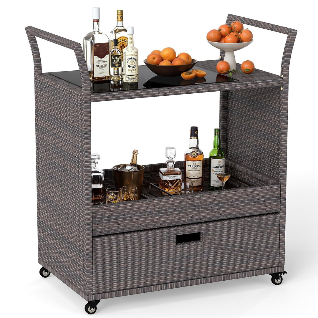 COSTWAY Grillwagen Outdoor, Rattan Servierwagen mit gehärteter Glasplatte, offenes Ablagefach & Schu