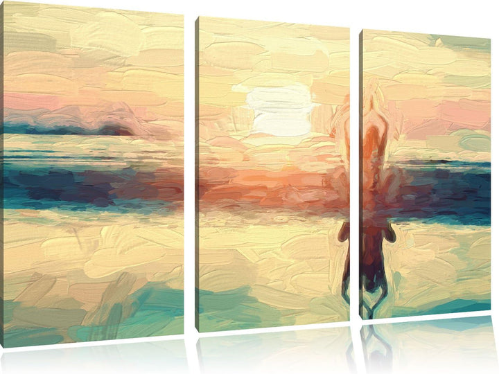 Pixxprint Frau in Einer Yogapose am Strand als Leinwandbild/Grösse: 3 Teilig (120x80) / Wandbild/Kun