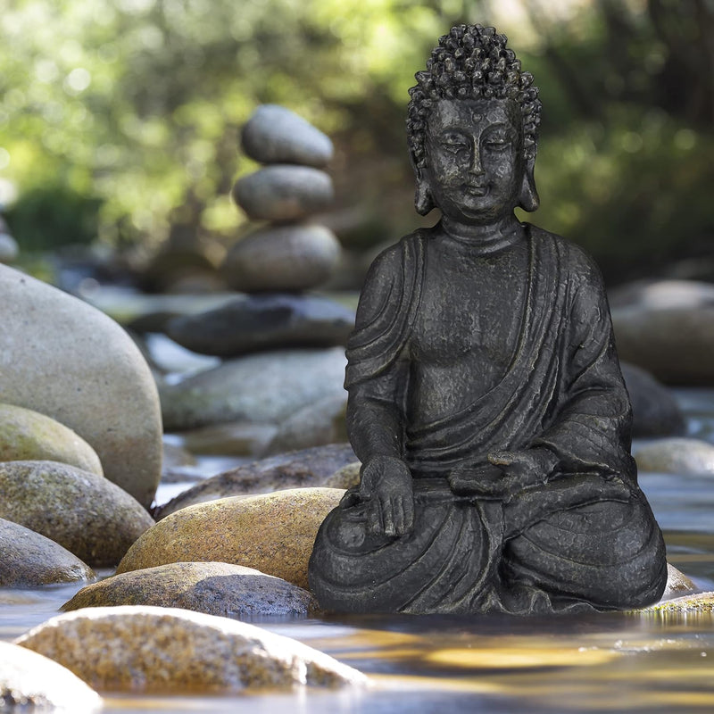 Relaxdays Buddha Figur sitzend, 40 cm hoch, Feng Shui Deko, wetterfest & frostsicher, grosse Garten