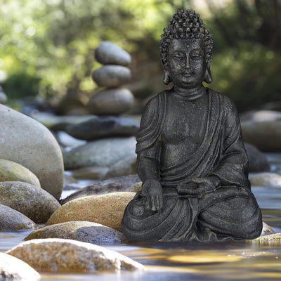 Relaxdays Buddha Figur sitzend, 40 cm hoch, Feng Shui Deko, wetterfest & frostsicher, grosse Garten