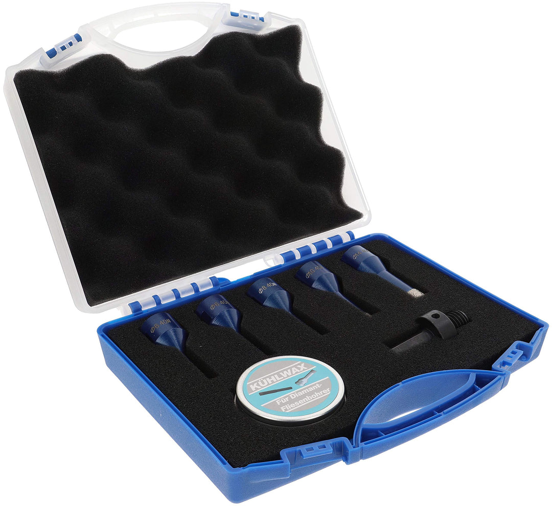 PRODIAMANT Fliesenbohrer Koffer Set 7-teilig 2x 6 mm, 8 mm, 10 mm, 14 mm x M14 für Winkelschleifer m