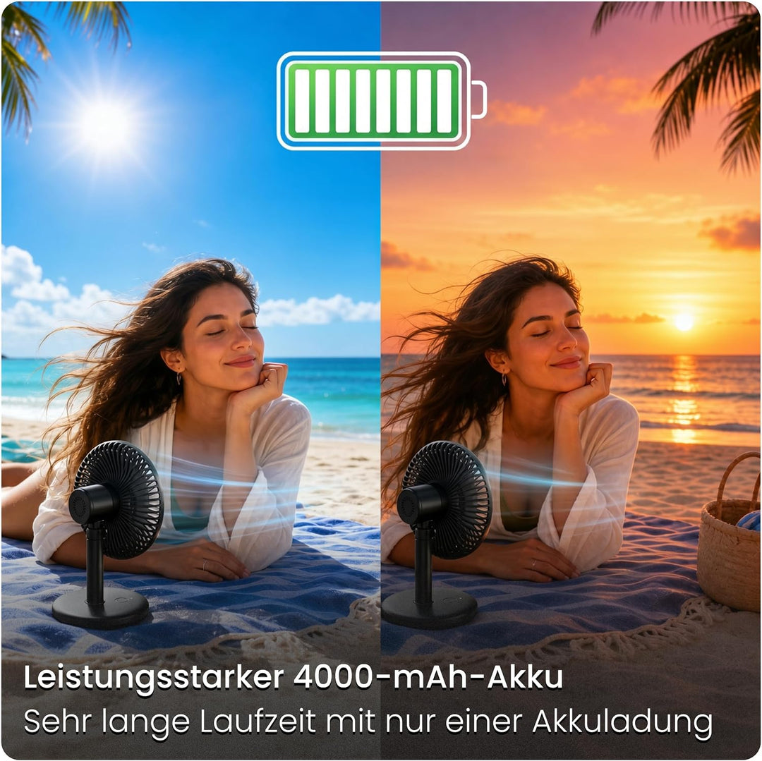Tischventilator sehr leise - Akku USB Ventilator 4000mAh, Ø 16,5cm, bürstenloser 7-Flügel Mini Lüfte
