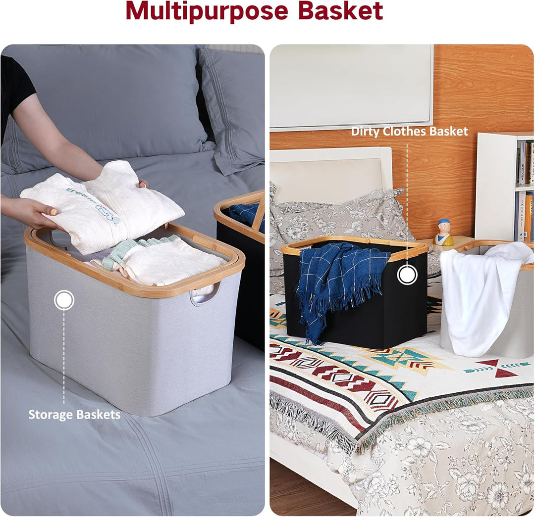 efluky Faltbarer Wäschekorb 43L, Bambus Stoff Faltbarer Storage Basket, Aufbewahrung Klappbar Wäsche