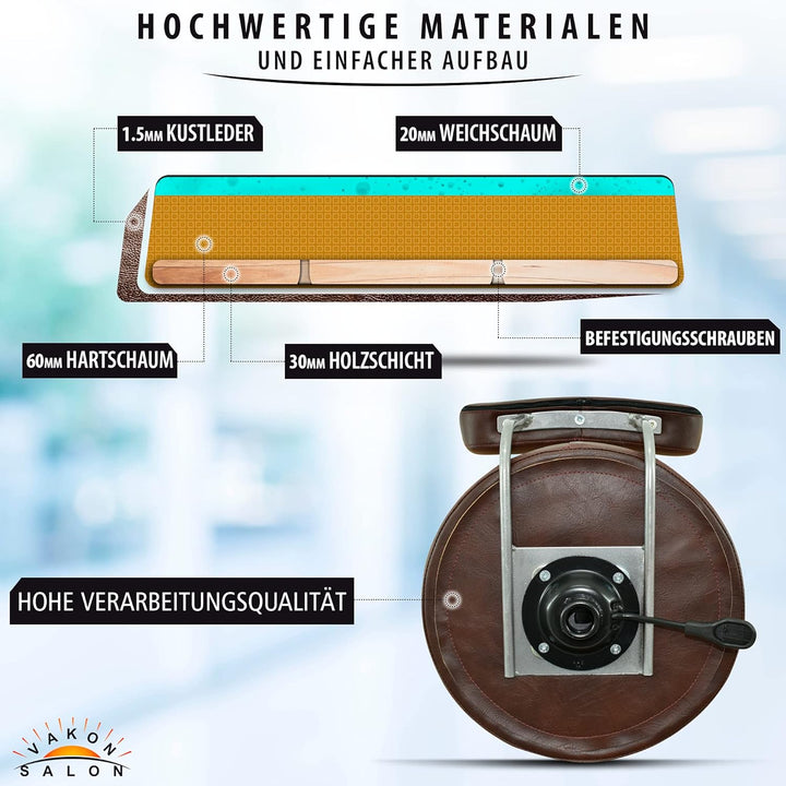 Premium Rollhocker braun mit ovaler Lehne höhenverstellbar von 55 bis 75 cm - Rundsitz- Drehhocker A