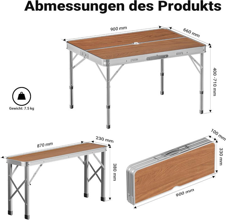 Wiltec Koffertisch mit 2 Bänken Holzdesign Aluminium 90x66x70 cm Campingtisch klappbar Sitzgruppe Ca