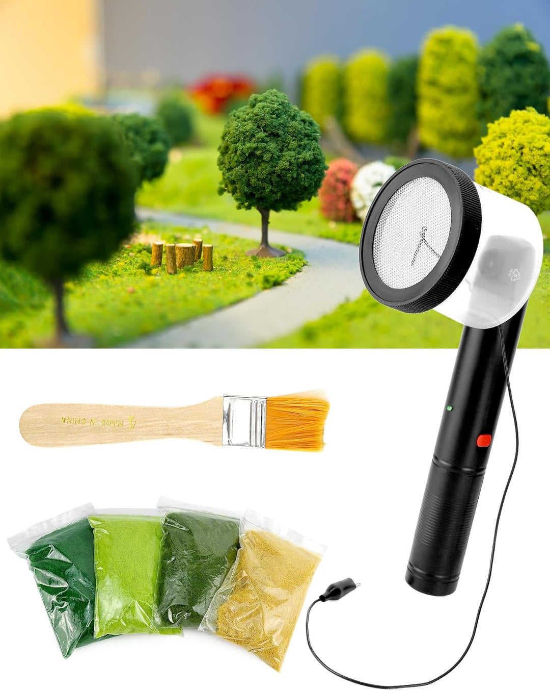 QWORK® Mini Grass Beflockung Applikator - mit 4 Farben Modellbau Gras und Reinigungsbürste - für DIY