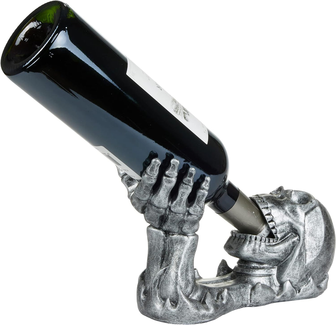 BRUBAKER Weinflaschenhalter Totenkopf - Flaschenhalter Trinkender Schädel mit Skelett Hand Silber -