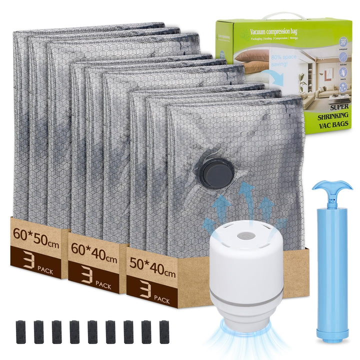 Vakuumbeutel für Kleidung mit Elektrischer Luftpumpe, 9 Stück Vacuum Bags (3x 40x50cm, 3x 40x60cm, 3