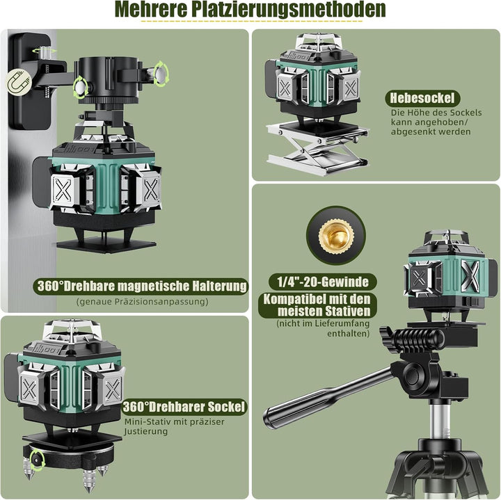 Kreuzlinienlaser Grün 16 Linien Nivellierlaser, 4 x 360 °Laser Wasserwaage Selbstnivellierend, Linie