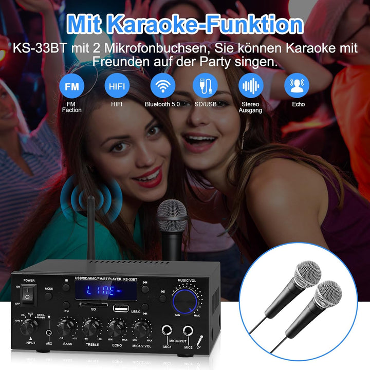 Audio-Verstärker für Zuhause, KS-33BT 2-Kanal Bluetooth5.0 HiFi-Verstärker, RMS 60W X 2 Max 400W X 2