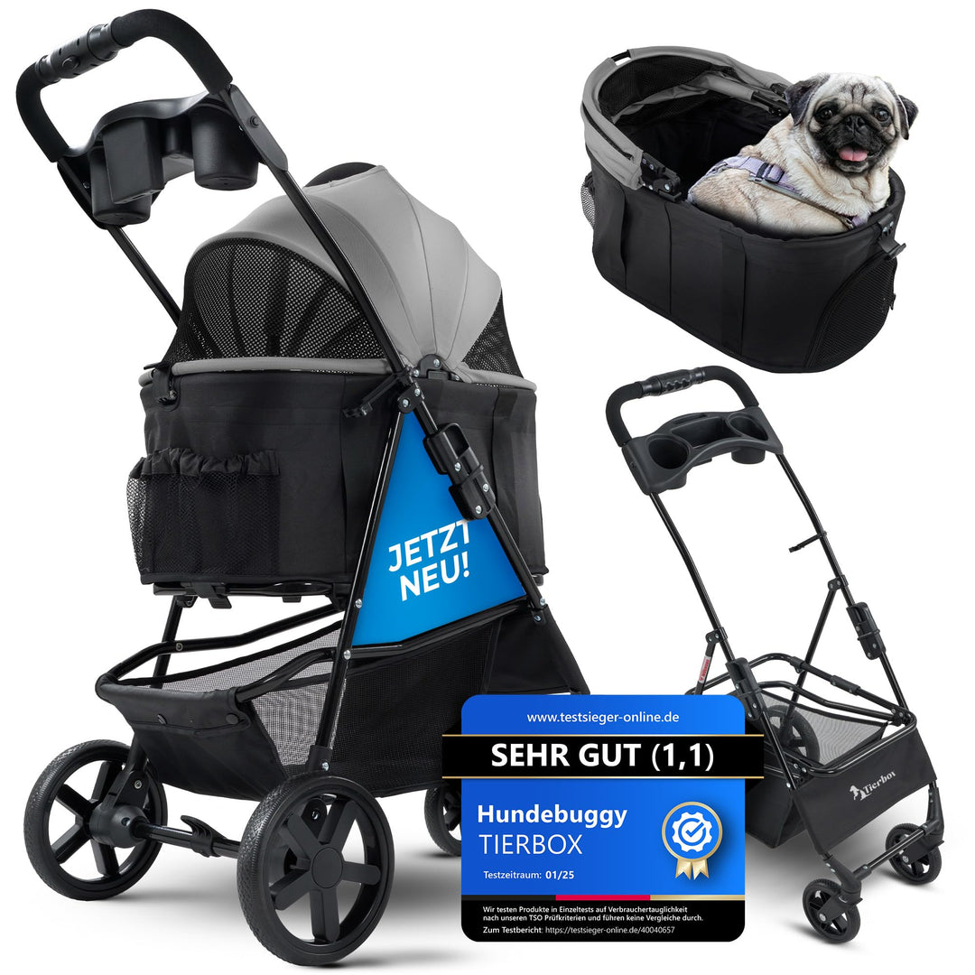 Tierbox Hundebuggy Hundewagen klappbar mit QuikFold, einfacher Transport, Traglast bis 15 kg - Grau,