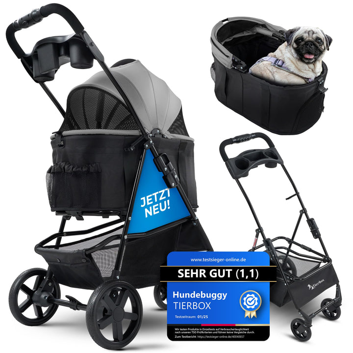 Tierbox Hundebuggy Hundewagen klappbar mit QuikFold, einfacher Transport, Traglast bis 15 kg - Grau,