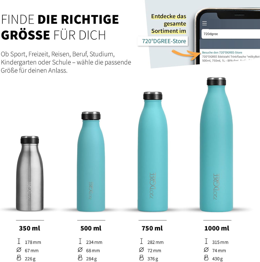 720°DGREE Edelstahl Trinkflasche “milkyBottle” - 750ml - BPA-Frei, Auslaufsicher, Kohlensäure geeign