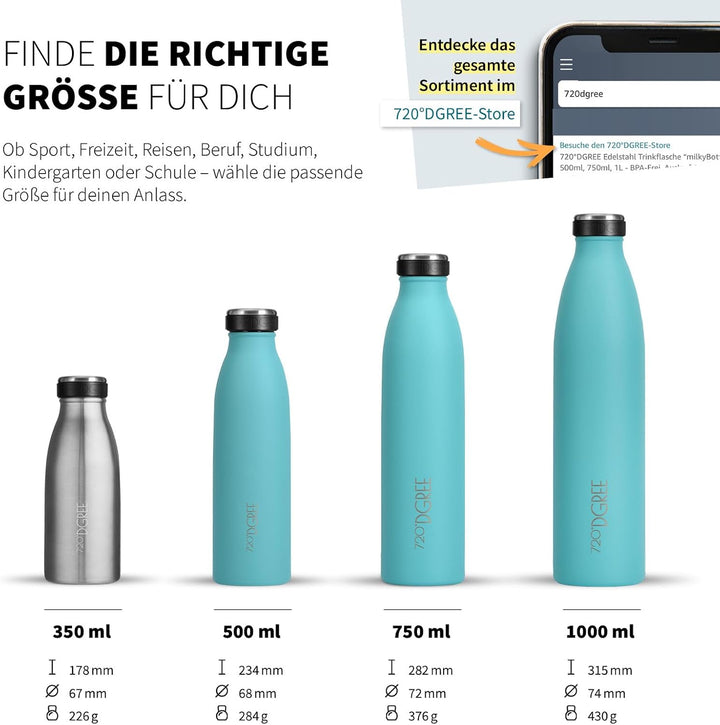 720°DGREE Edelstahl Trinkflasche “milkyBottle” - 750ml - BPA-Frei, Auslaufsicher, Kohlensäure geeign