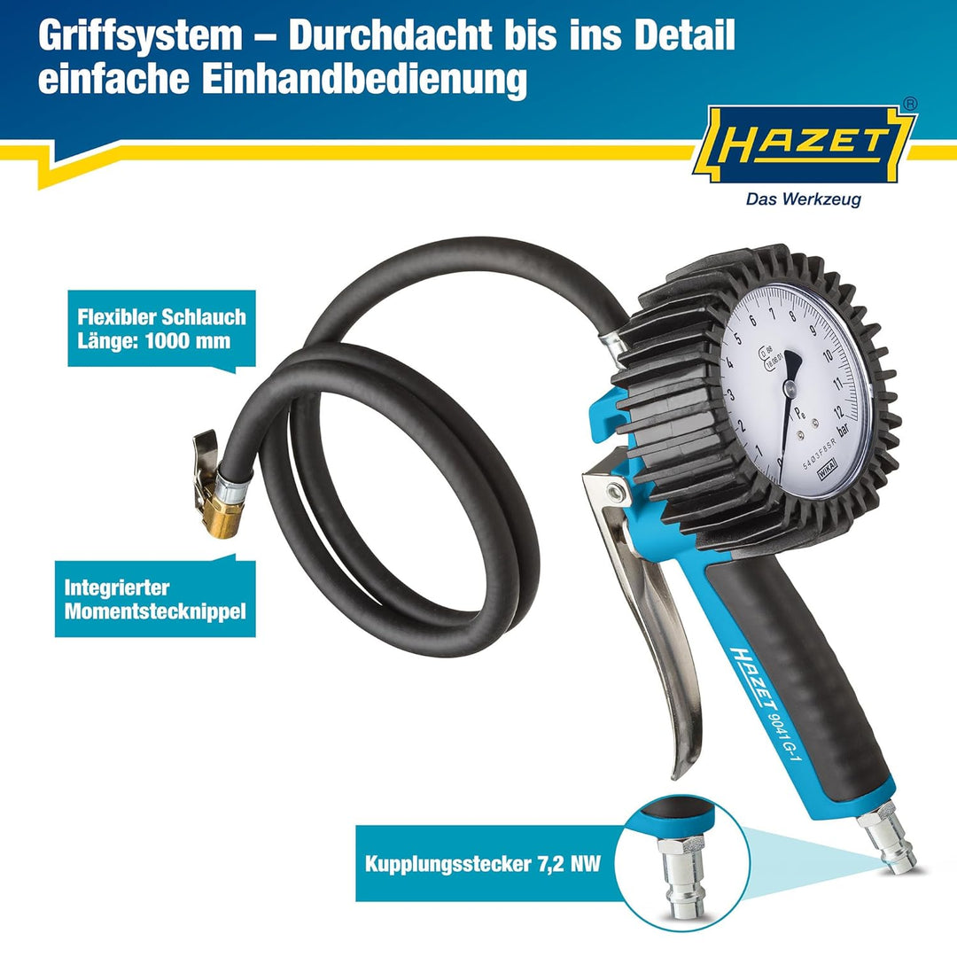 HAZET Reifenfüller 9041G-1, Geeicht, optimal ablesbar, Manometer-Messbereich: 0-10 bar, Schlauchläng