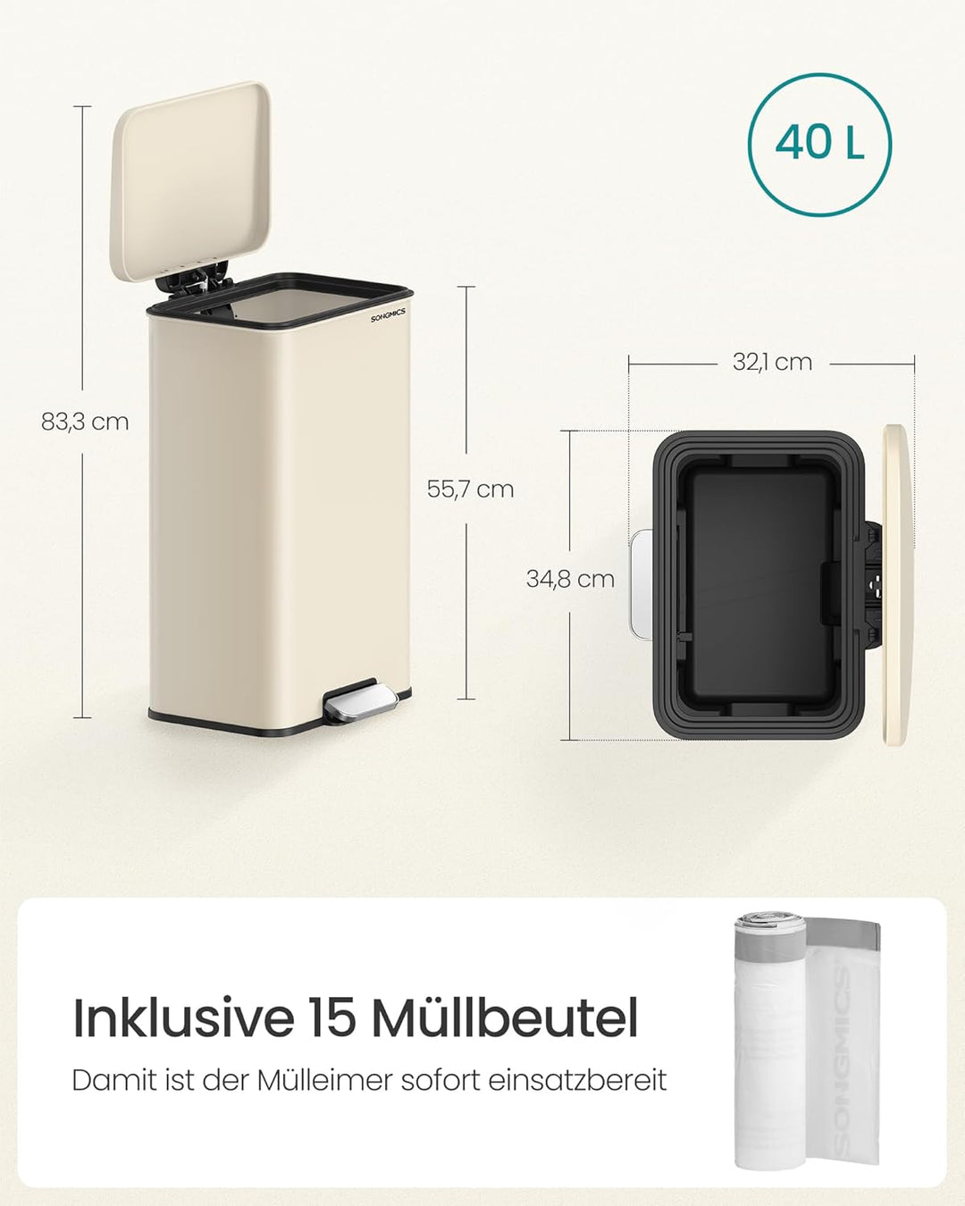 SONGMICS Mülleimer Küche, 40 Liter Abfalleimer, grosser Tretmülleimer, mit Deckel, aus Stahl, Softcl