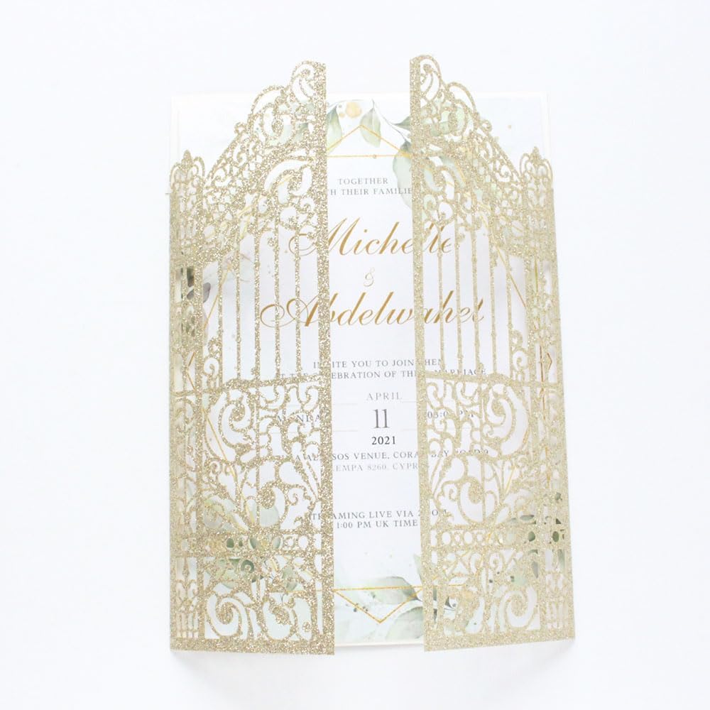 Goldene Hochzeitseinladungen funkelnde Gate Laser Design für Hochzeit Verlobung Meerjungfrau 25 Sets