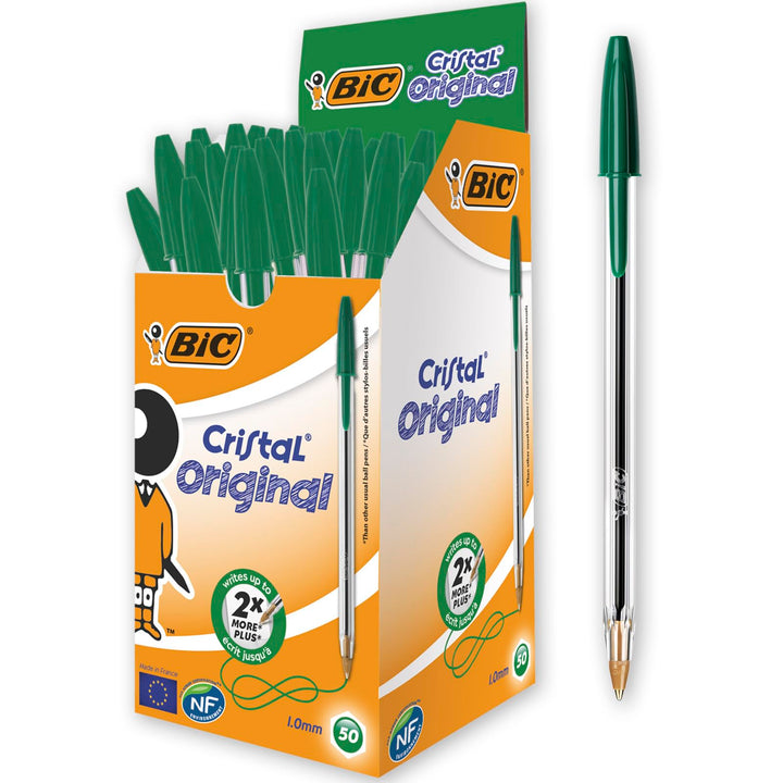 BIC 8373629 Kugelschreiber Cristal Medium, 50 Kulis in Grün fürs Büro, Strichstärke 0,4 mm, Dokument