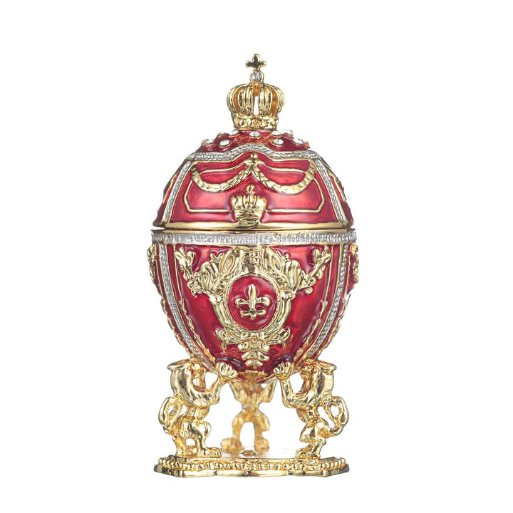 Fabergé-Stil Ei/Schmuckkästchen mit Löwen & Kaiserkrone 7,5 cm rot