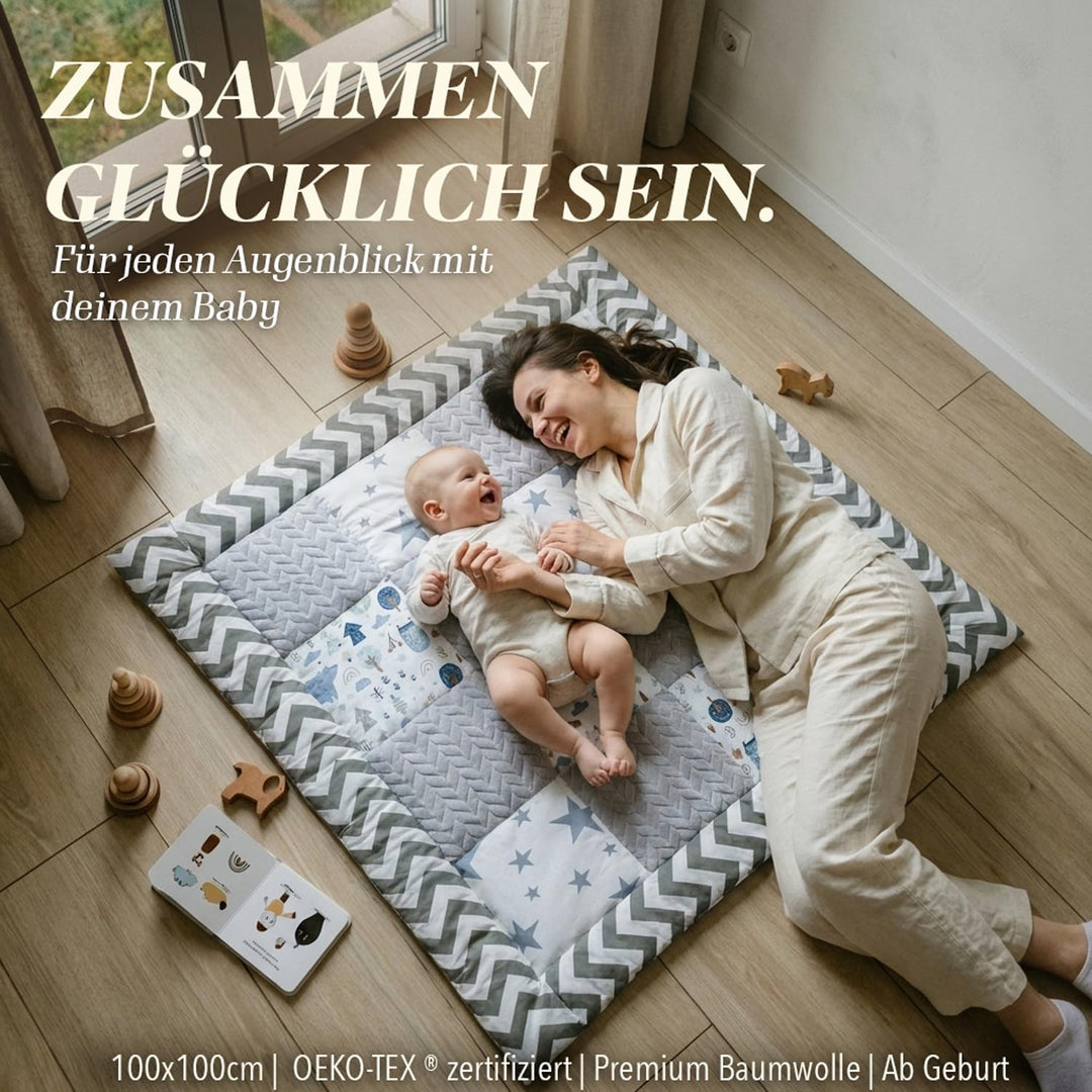 DANKA® Extra dicke Krabbeldecke 100x100 cm – 100% Baumwolle – weich &amp; sicher auf harten Böden – falt