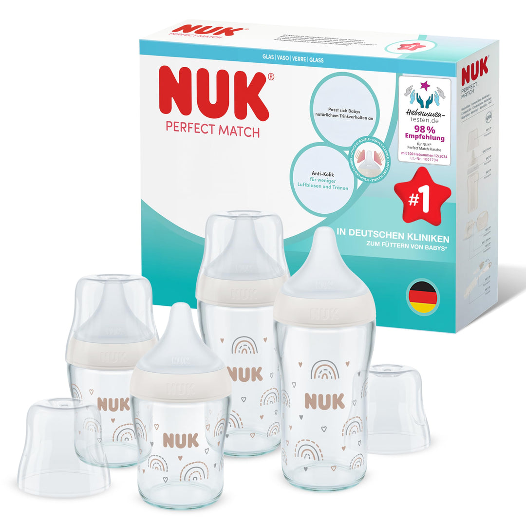 NUK Perfect Match Glas-Babyflaschenset | Ab 3 Monate | Passt sich dem Baby an | Temperature Control