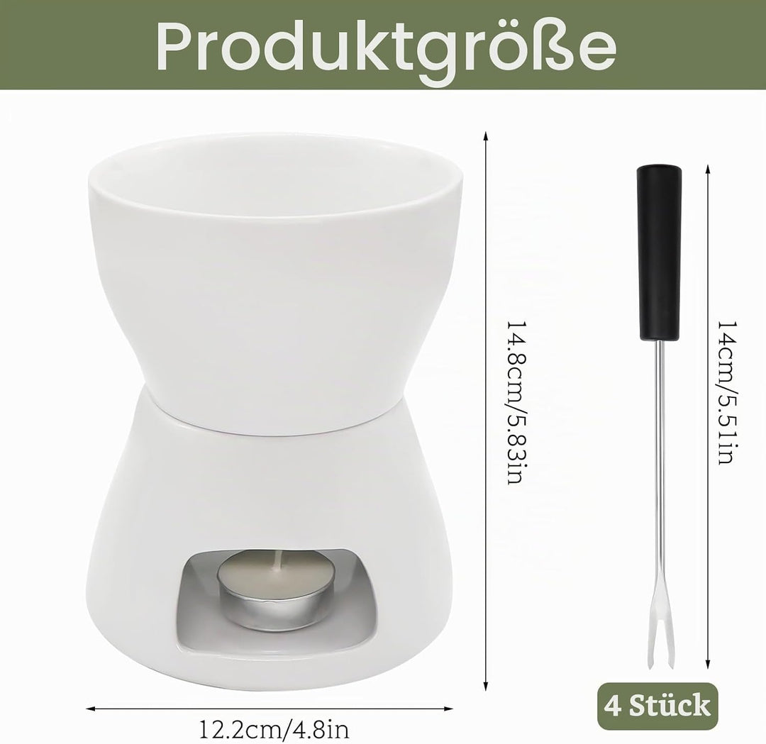 Schokofondue Tasse Set, Keramike Schokofondue mit 4 Gabeln und 1 Teelicht, Schokoladenfondue für Hau