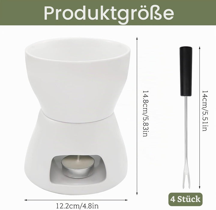 Schokofondue Tasse Set, Keramike Schokofondue mit 4 Gabeln und 1 Teelicht, Schokoladenfondue für Hau