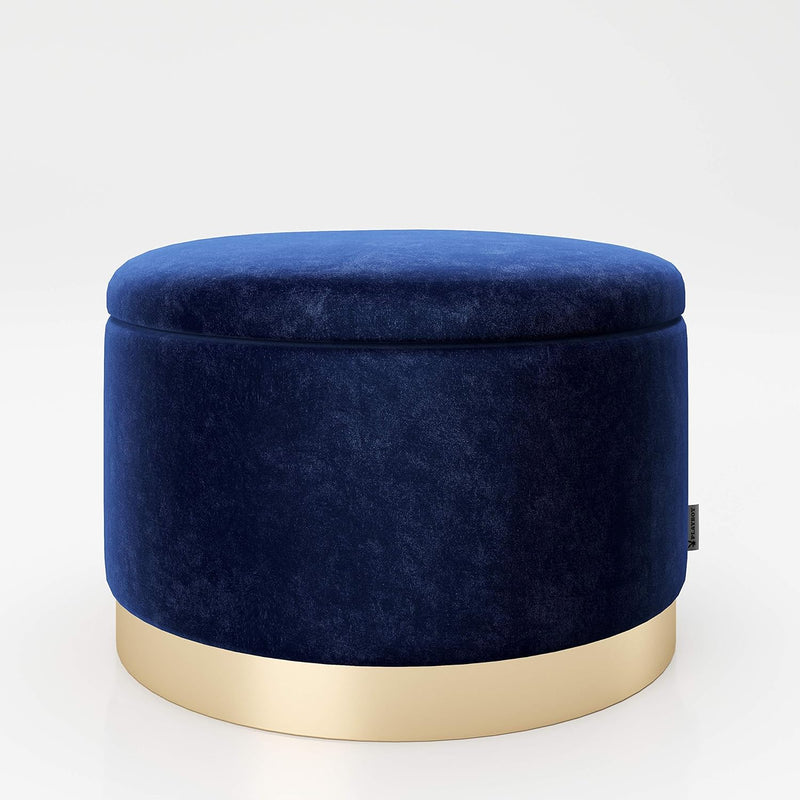 PLAYBOY runder Pouf mit Stauraum aus Samtstoff in Blau und goldenem Metallfuss, gepolsteter Sitzhock