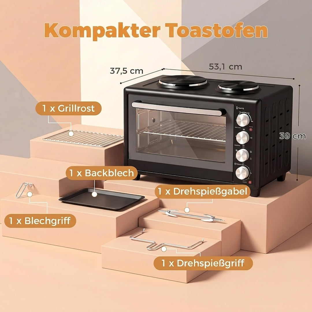 HOMCOM Mini Backofen mit Umluft 2 Kochplatten und Drehspiess, 36L, 90-230℃