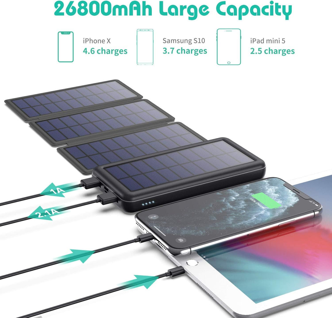 iPosible Solar Powerbank 26800mAh,Power Bank mit 4 Faltbar Externes Solarpanel Solarladegeräte 2 Aus