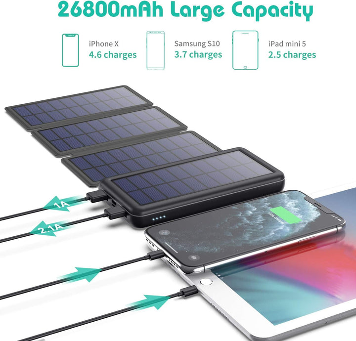 iPosible Solar Powerbank 26800mAh,Power Bank mit 4 Faltbar Externes Solarpanel Solarladegeräte 2 Aus