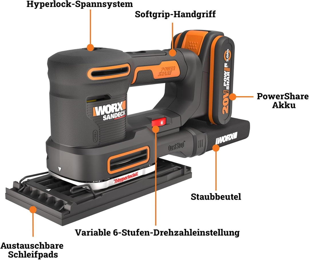 WORX 18V(20V MAX) Akku Multischleifer 5-in-1 Schleifmaschine Schlichtschleifer Schwingschleifer Deta