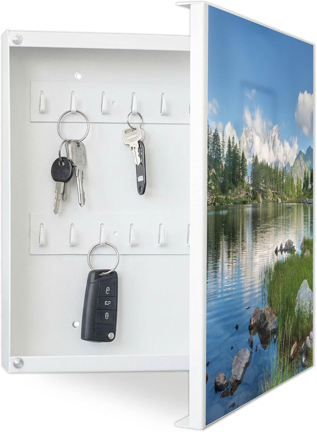 banjado® Grosser Schlüsselkasten Glas/Schlüsselbox 30cm x 30cm mit 50 Haken - Motiv Gebirgssee/Schlü