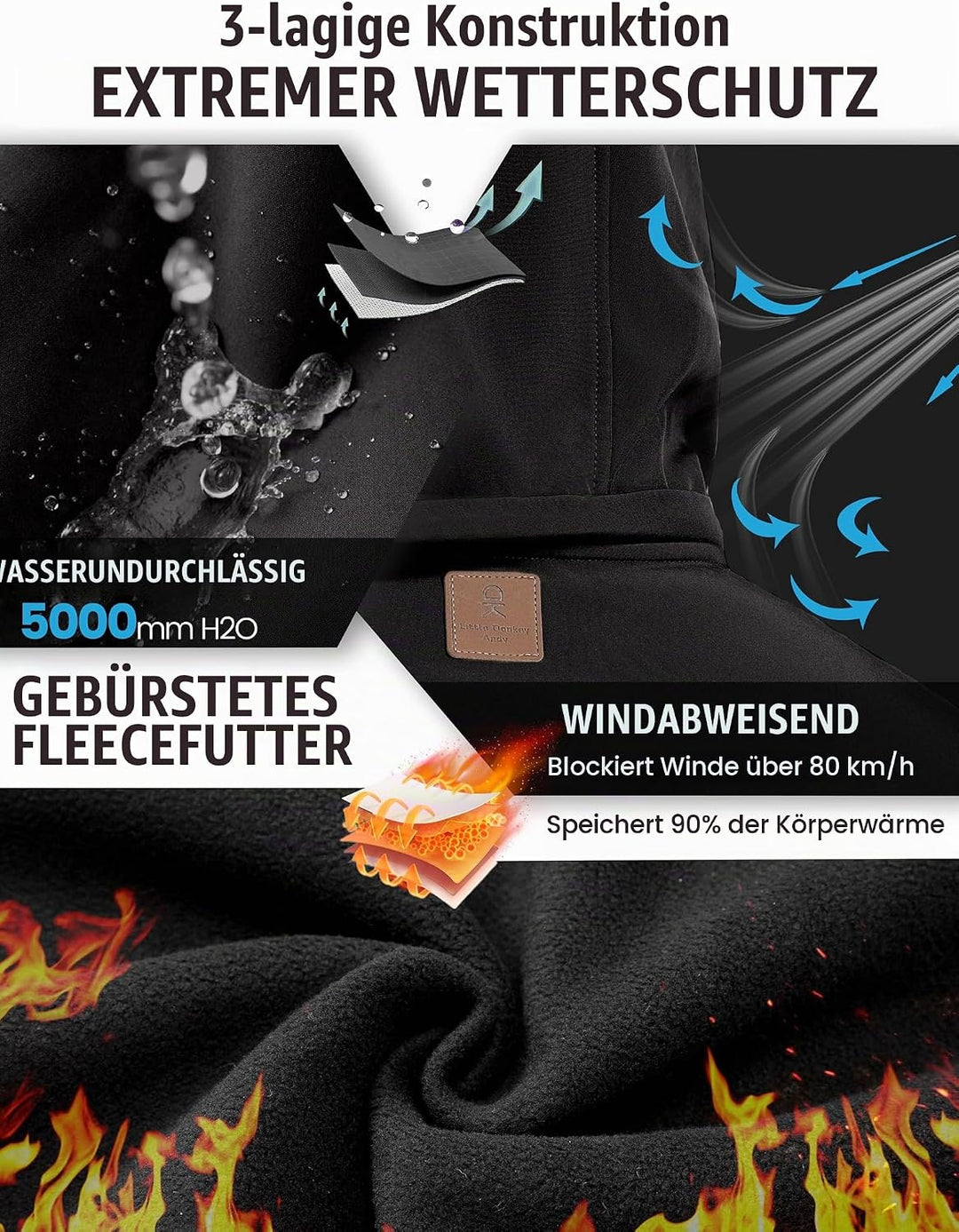 Little Donkey Andy Softshelljacke für Herren mit abnehmbarer Kapuze, Fleecefutter und Wasserabweisen