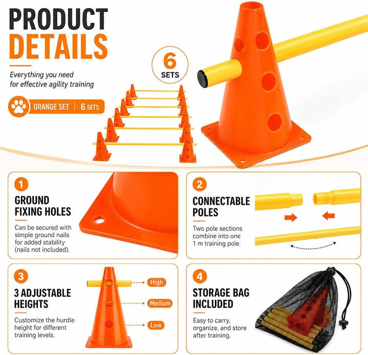Steckhürdenset, Agility Set Hunde mit 12 Kegel(23cm) + 6 Stangen(1 m), Cavaletti Hund für Koordinati