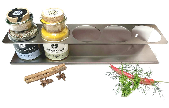 HL-Perfektion-in-Edelstahl Gewürzregal kompatibel für 5x Ankerkraut Korkengläser aus massiven Edelst