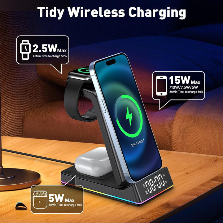 5 in 1 Ladestation Apple Watch und iPhone, Wireless Charger Induktive Ladestation iPhone mit Uhr LED