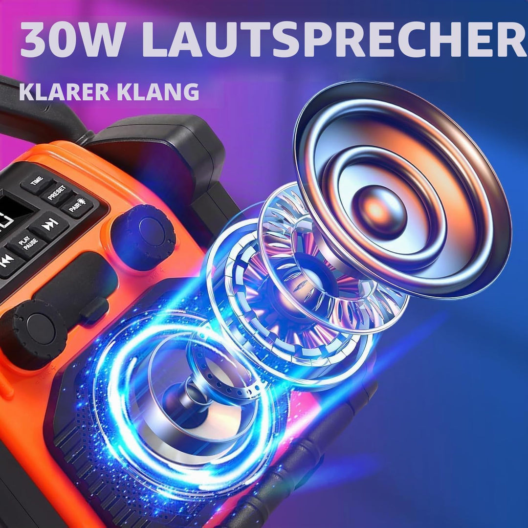 Jobsite Radio Bluetooth Speaker, 30W IPX 66 wasserdichter FM-Rundfunkuhr mit LED-Lichtern, Anti-Koll