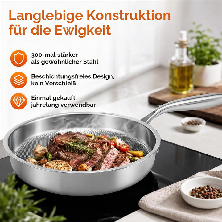 Titan Bratpfanne mit Deckel,Titanium Pan Uncoated, Pfannen aus Titan mit gehämmertem Muster zum Koch
