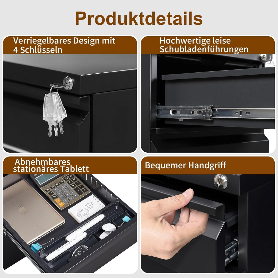 Rollcontainer, Mobiler Aktenschrank mit Schloss, 4 Schlüssel, 4 Schubladen, Büroschrank aus Metall,