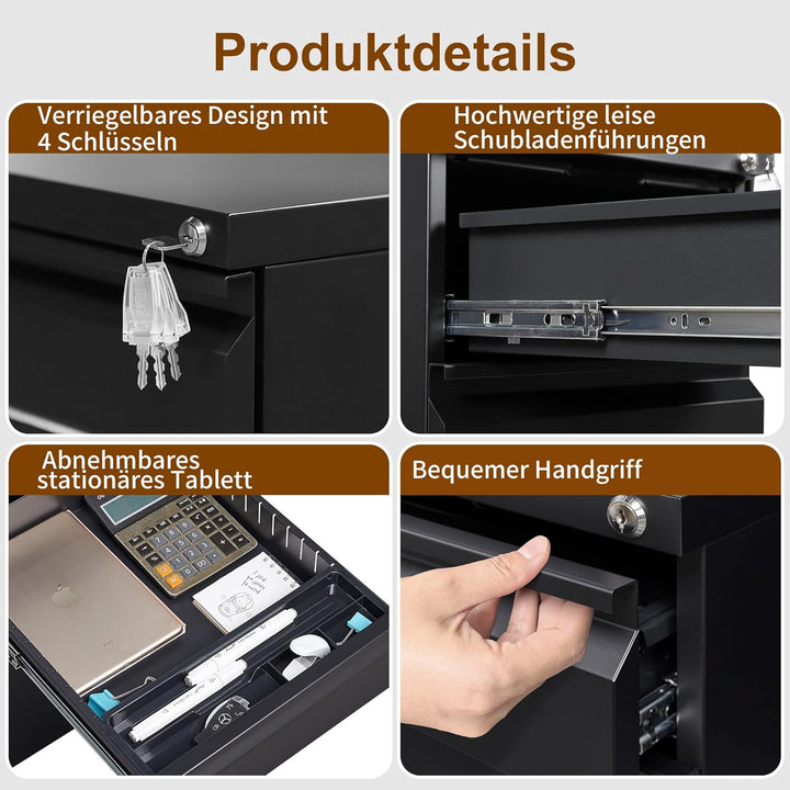 Rollcontainer, Mobiler Aktenschrank mit Schloss, 4 Schlüssel, 4 Schubladen, Büroschrank aus Metall,